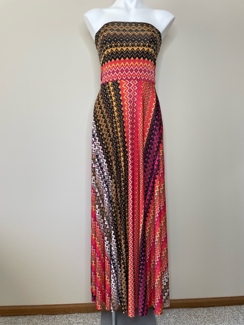Elan Beach Strapless Zigzag Maxi Dress in Pink, Black and Orange